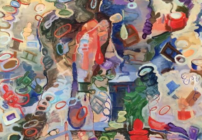 Oil on canvas painting from the Abstract collection featuring layered biomorphic shapes, looping lines, and vibrant color fields in a dense, energetic composition.