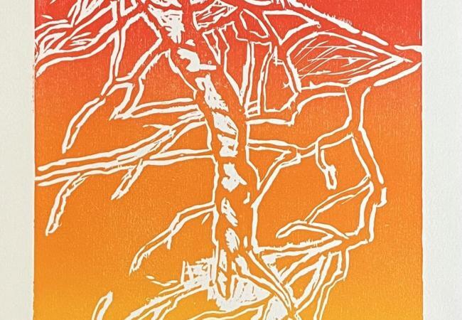 Woodcut on paper from the Branches collection depicting roots and trunk, carved in white against a warm red to golden gradient, evoking growth and connection.