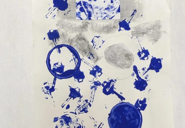 Monotype on paper from the Clusters collection featuring bold blue circular forms, splatters, and gray marks on white paper.