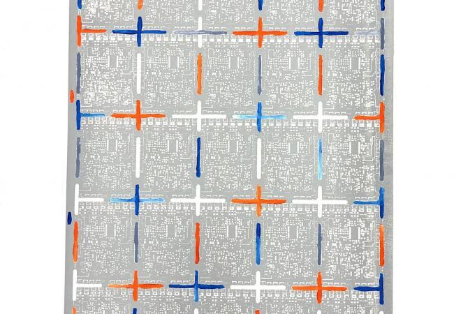 Abstract intaglio and porchoir artwork on paper from the Connected Creativity collection featuring a gray grid overlaid with blue, orange, and white linear marks suggesting connection and movement.