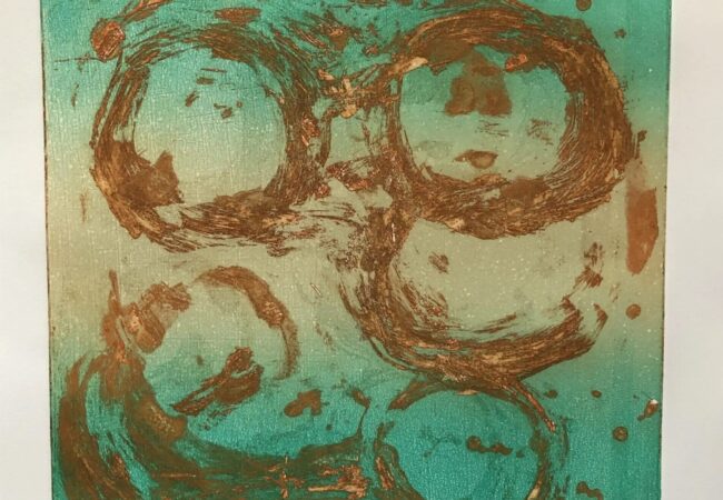 Intaglio on paper from the Life Cycles collection featuring layered circular forms in earthy brown tones.