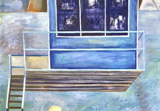 Oil on canvas painting from the Lifeguard Stand collection depicting a stylized blue lifeguard tower elevated above sand and water that evoke coastal calm and solitude.