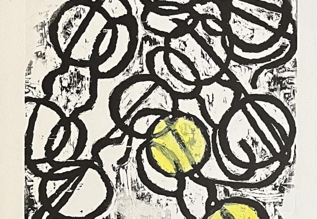 Woodcut on paper from the Links collection featuring interlocking black circular forms layered over a textured white background.