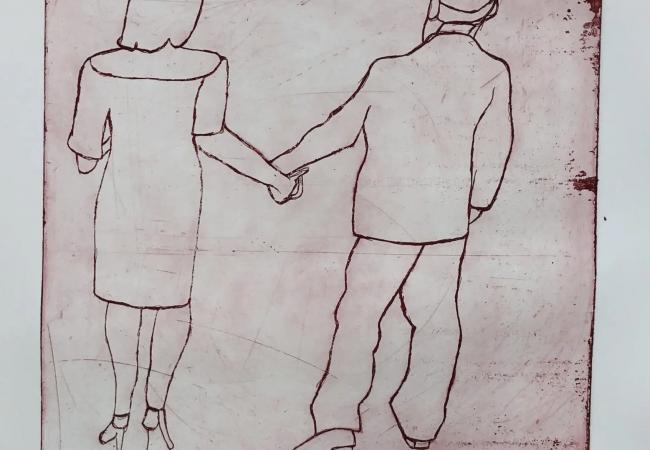 Intaglio on paper from the Mom & Dad collection featuring two figures holding hands, simply outlined in red against a softly worn background.