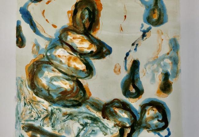 Collagraph on paper from the Muses collection featuring an abstract, gestural figure surrounded by flowing organic shapes in layered blues and browns.