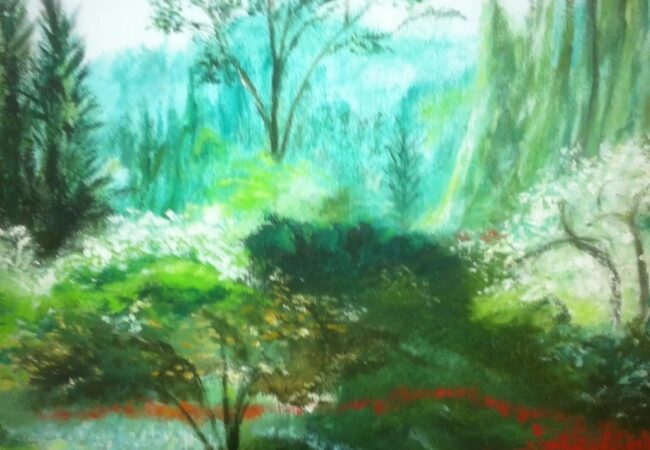 Oil on canvas painting from the Nature collection depicting a lush, layered landscape of trees and greenery that evoke light, depth, and a tranquil natural atmosphere.