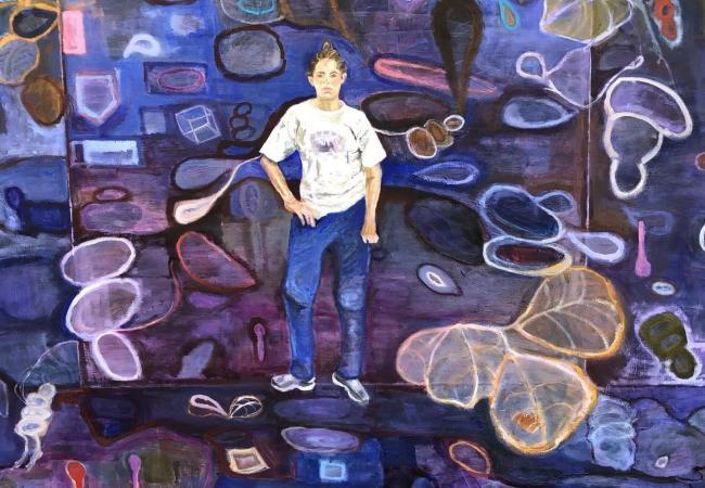 Oil on canvas painting from the Portraits collection depicting a standing figure centered within a richly layered abstract environment of deep blues, purples, and organic shapes.