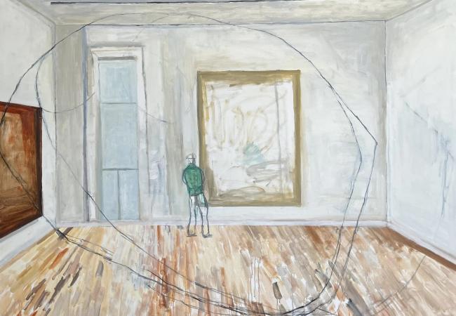 Oil on canvas painting from the Reflection collection depicting a lone figure in a quiet gallery space suggesting contemplation and self reflection.