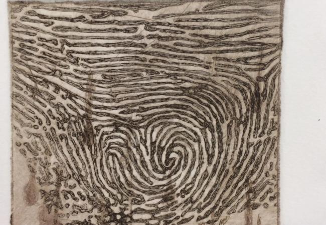 Intaglio on paper from the Rings collection featuring a dense fingerprint spiral with layered lines and subtle earthy drips.
