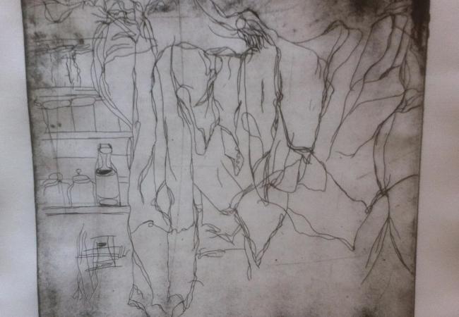 Etching on paper from the Tarlatans collection featuring hanging fabric-like forms and faint domestic objects in linear detail.