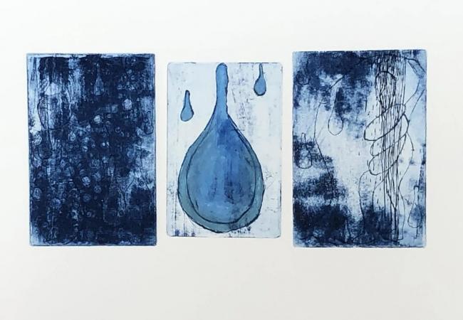 Intaglio and drypoint on paper from the Teardrop collection featuring a central blue teardrop flanked by textured abstract panels.