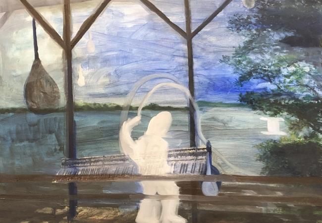 Oil on canvas painting from The Cast collection featuring a translucent seated figure by water beneath a wooden structure.