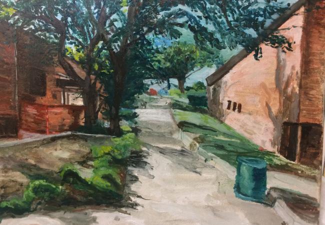 Oil on canvas painting from The Way collection depicting a quiet residential path lined with trees and houses that convey and a sense of everyday passage.