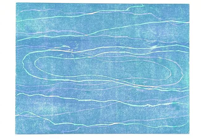 Woodcut on paper from the Thinking collection featuring a wide blue field layered with mint and lavender flowing lines across the surface.