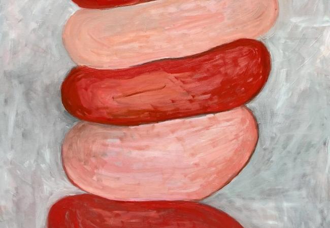 Oil on canvas painting from the Wandering collection featuring stacked, organic red and blush forms floating against a soft gray background.