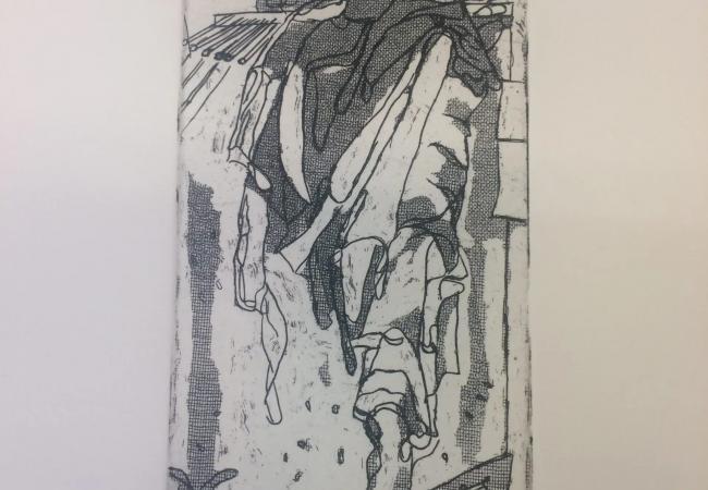 Intaglio on paper from the Waterfall collection featuring bold etched lines and layered organic forms suggesting downward flow.